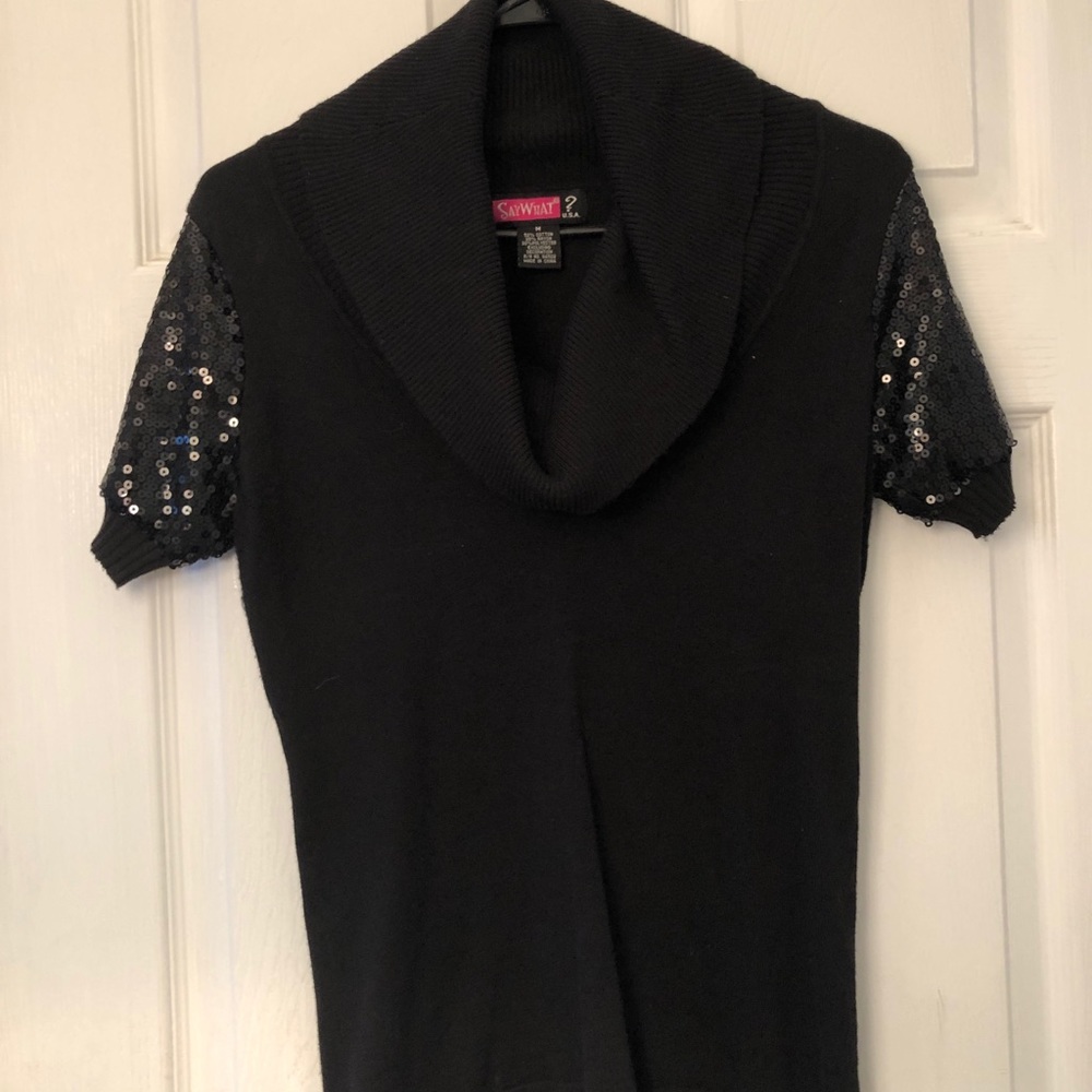 Black Sweater Top w/ Sequined Sleeves
